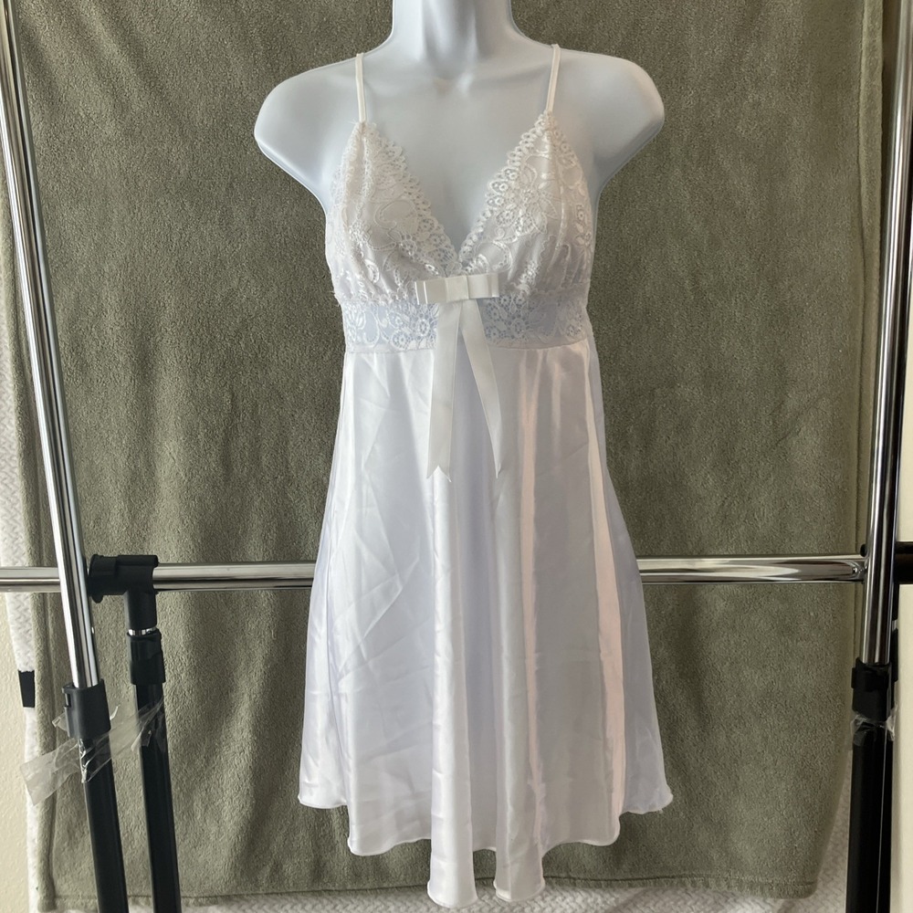 Satin White Lace Top Medium Lace Babydoll Dress Lingerie Coquette Bow